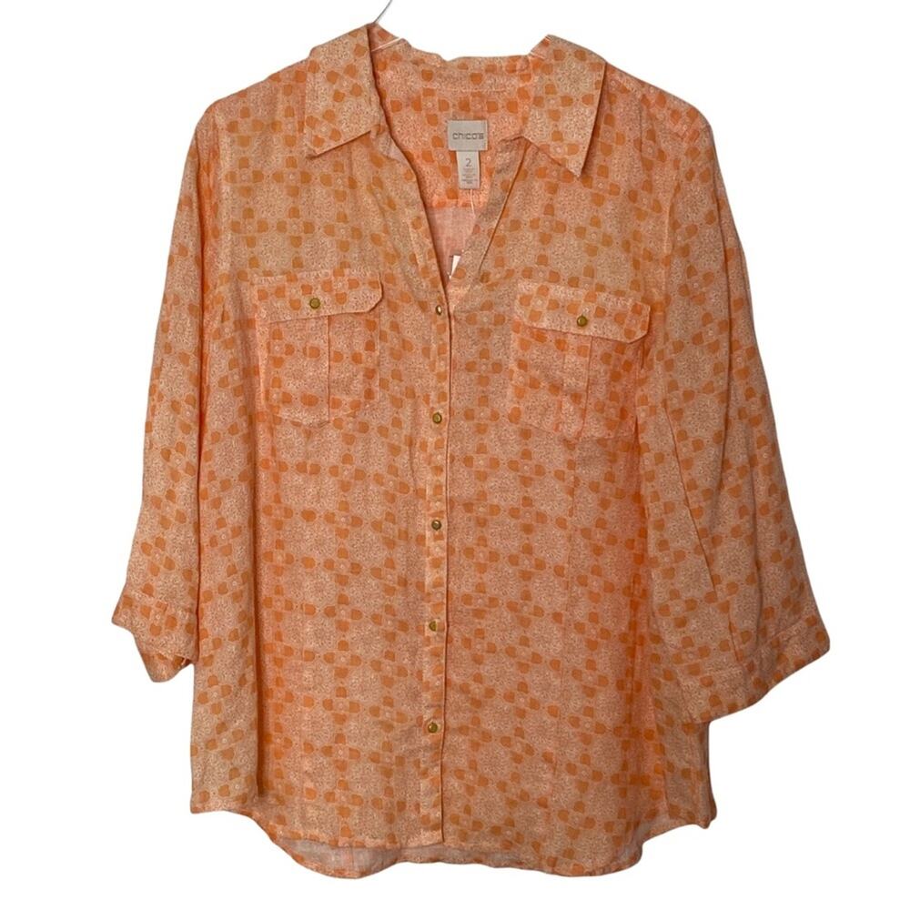 Chico’s Woodblock Print Blouse in Cantaloupe Size 2